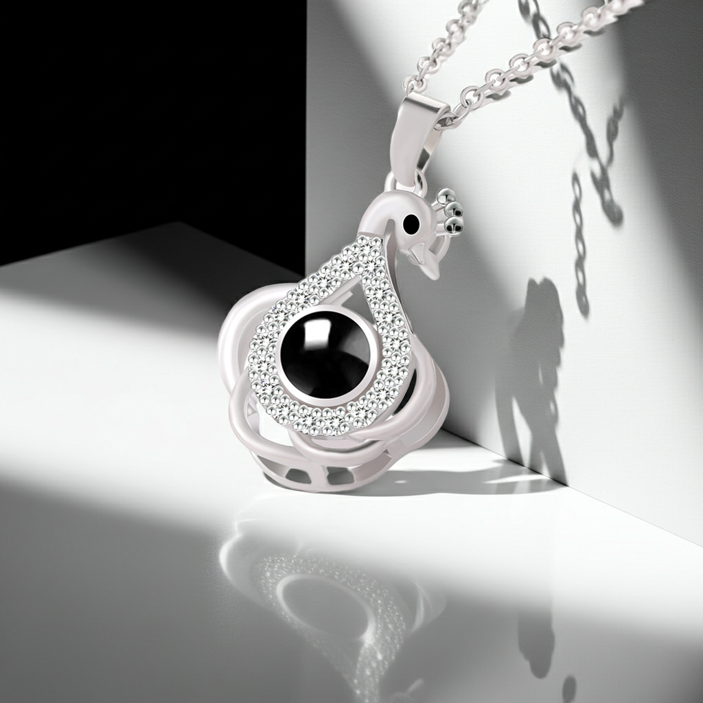 PX01 - Eternal Elegance Peacock Photo Projection Necklace – Gold & Silver