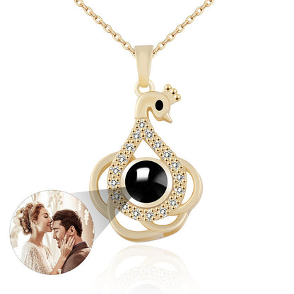 PX01 💌 Eternal Elegance Peacock Photo Projection Necklace – Gold & Silver
