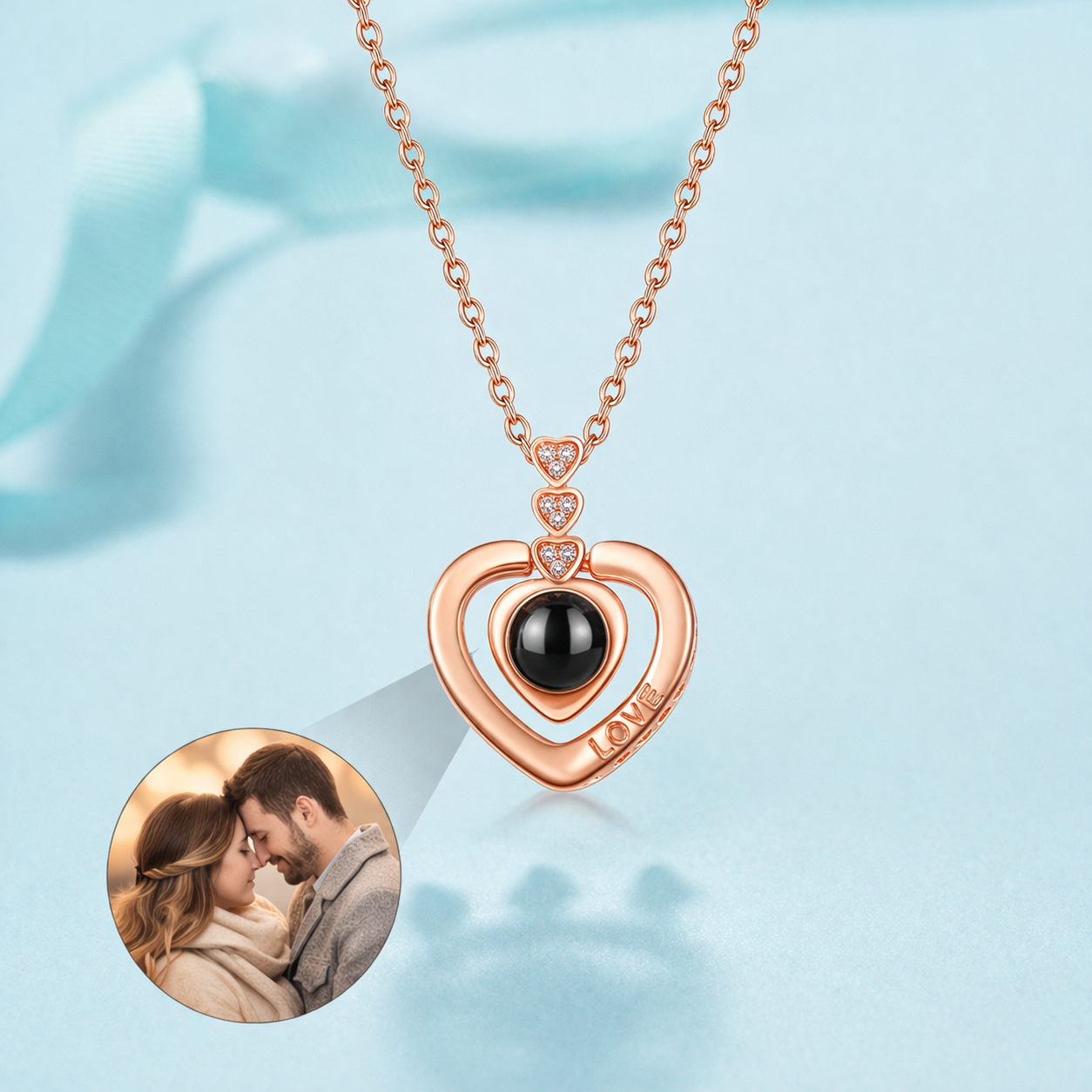 PX25 - Triple/Double Heart Hidden Photo Projection Necklace – Silver / Rose Gold