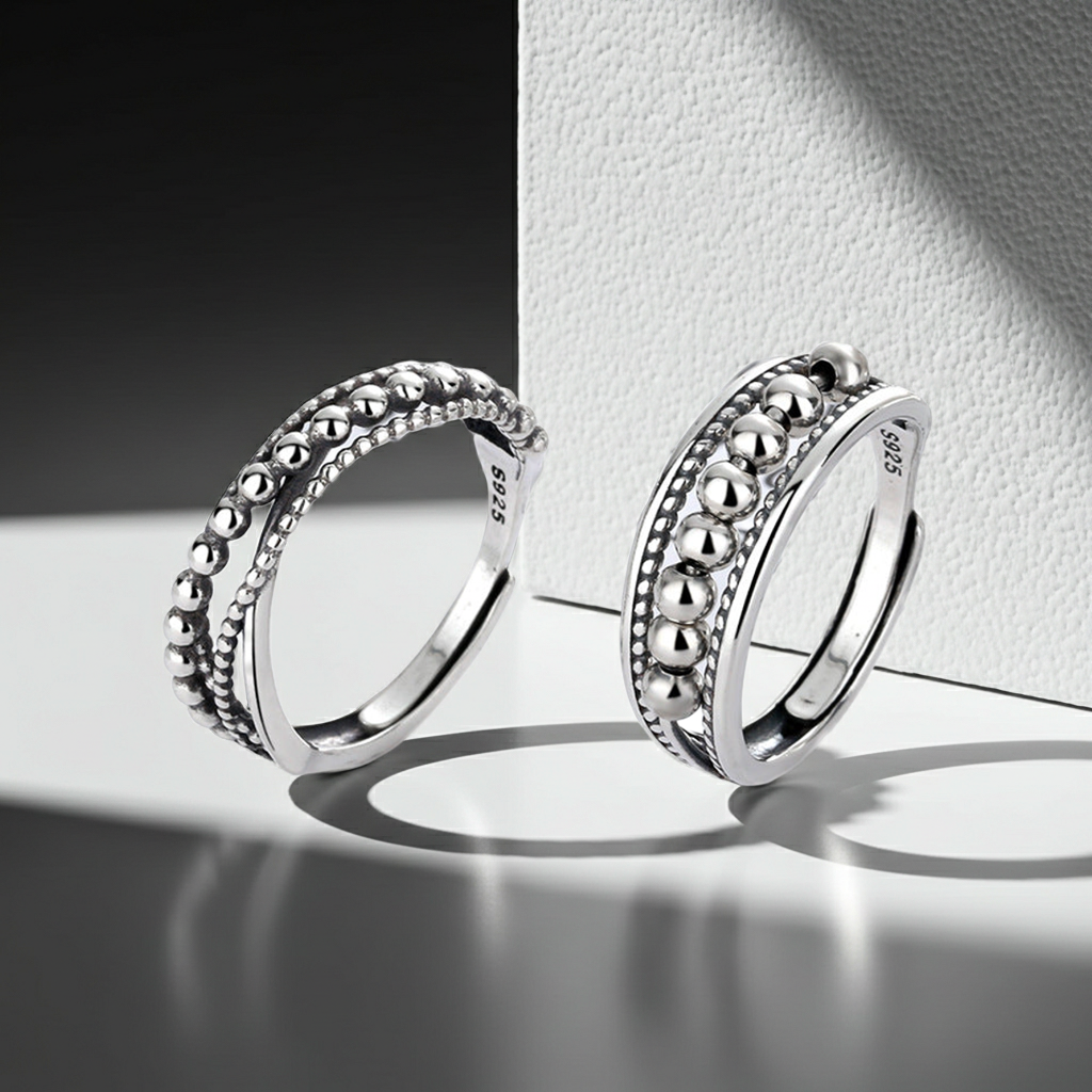 CC09 - 925 Sterling Silver Beaded Open Ring Set (Pair) – Adjustable Minimalist Couple Rings
