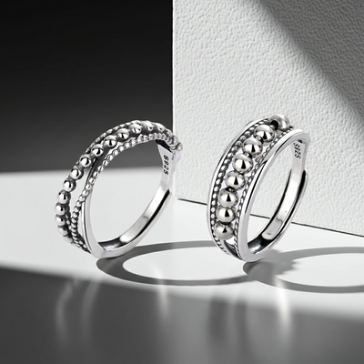 CC09 - 925 Sterling Silver Beaded Open Ring Set (Pair) – Adjustable Minimalist Couple Rings
