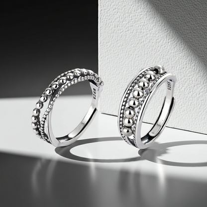 CC09 - 925 Sterling Silver Beaded Open Ring Set (Pair) – Adjustable Minimalist Couple Rings