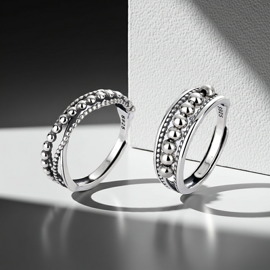 CC09 - 925 Sterling Silver Beaded Open Ring Set (Pair) – Adjustable Minimalist Couple Rings
