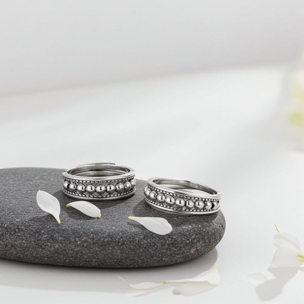 CC09 - 925 Sterling Silver Beaded Open Ring Set (Pair) – Adjustable Minimalist Couple Rings