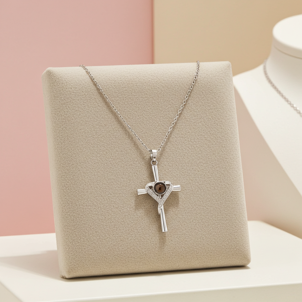 PX11 - Cross & Heart Projection Necklace – Hidden Photo Keepsake (Gold / Silver / Rose Gold)