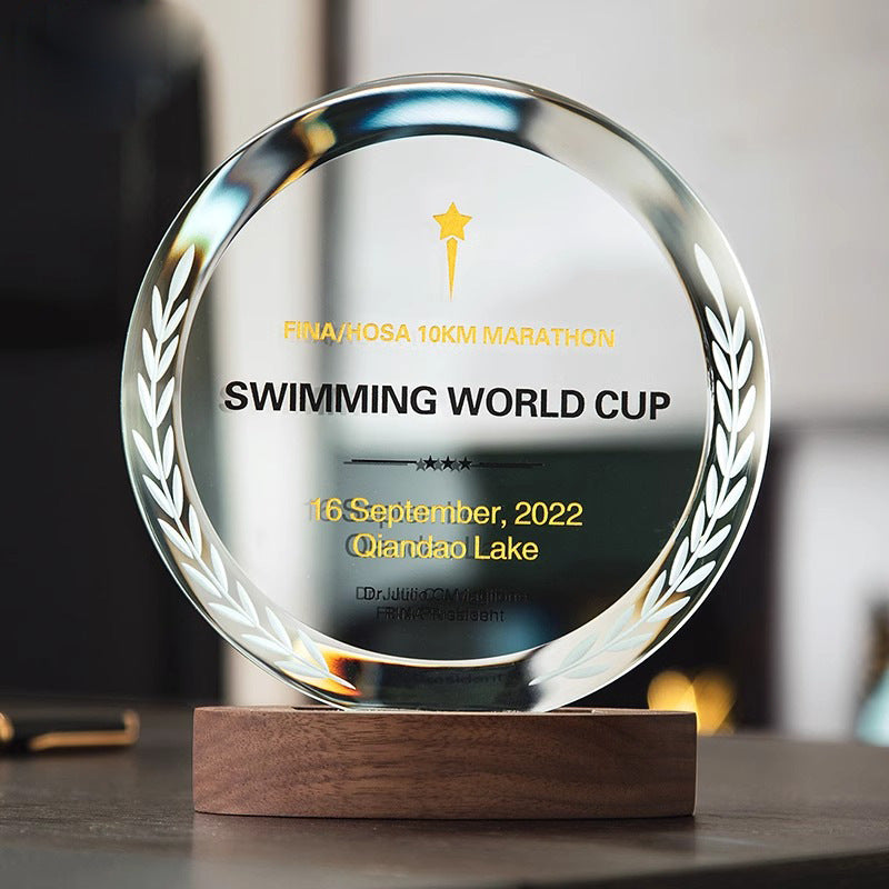 SP09 🏆 Personalized Crystal Trophy with Wooden Base – Custom Engraved Award