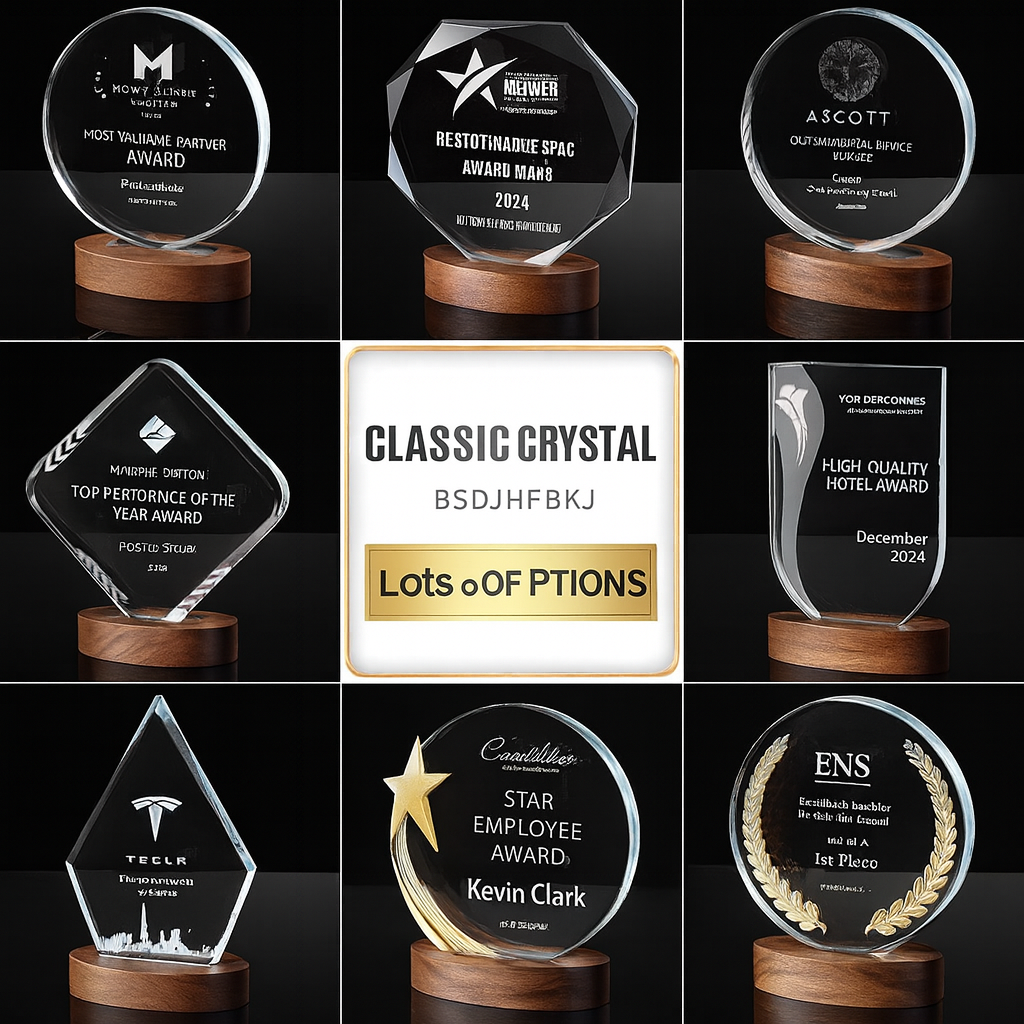 SP09 🏆 Personalized Crystal Trophy with Wooden Base – Custom Engraved Award