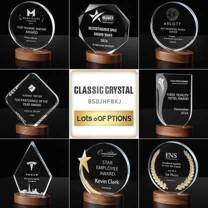 SP09 🏆 Personalized Crystal Trophy with Wooden Base – Custom Engraved Award
