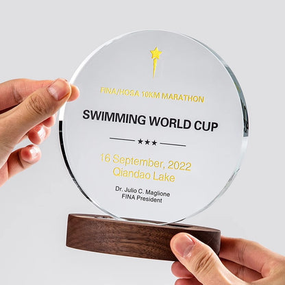 SP09 🏆 Personalized Crystal Trophy with Wooden Base – Custom Engraved Award