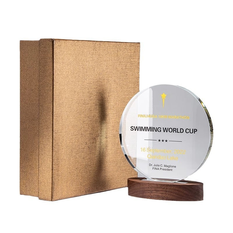 SP09 🏆 Personalized Crystal Trophy with Wooden Base – Custom Engraved Award