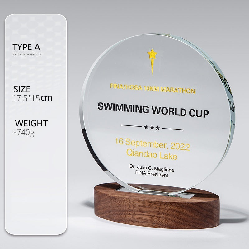 SP09 🏆 Personalized Crystal Trophy with Wooden Base – Custom Engraved Award