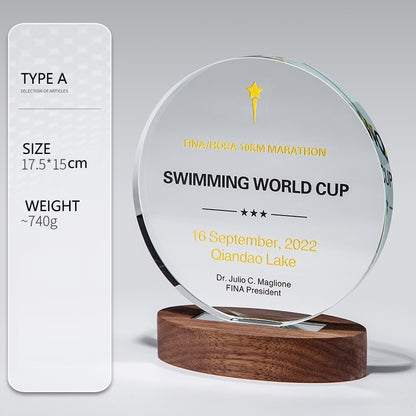 SP09 🏆 Personalized Crystal Trophy with Wooden Base – Custom Engraved Award
