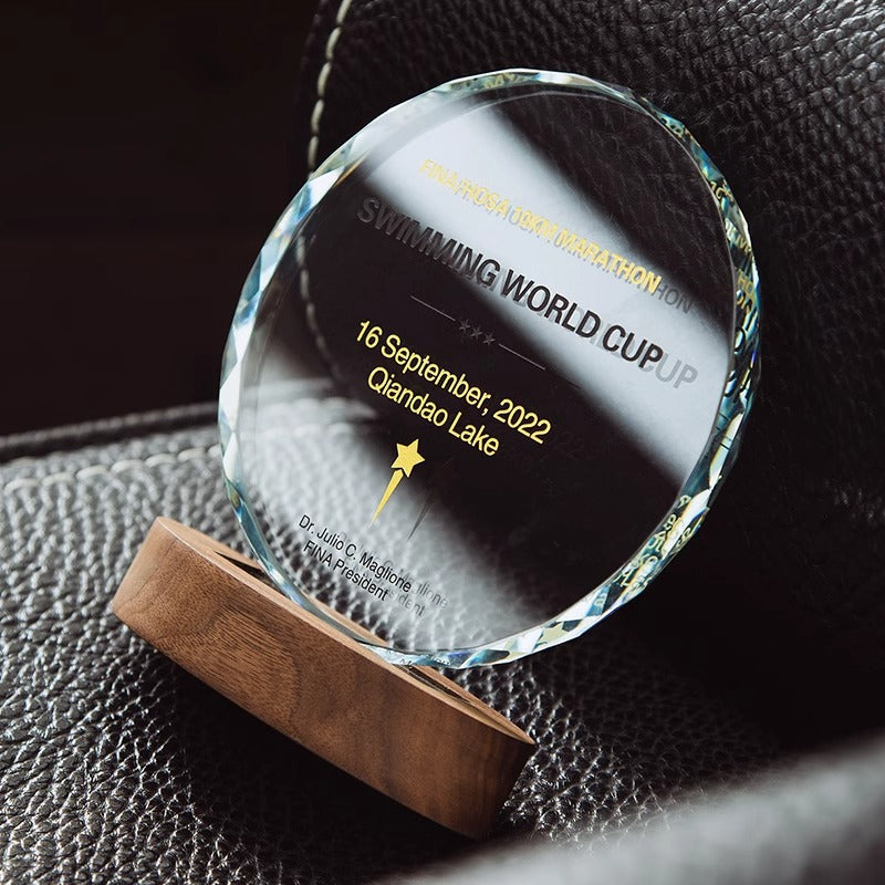 SP09 🏆 Personalized Crystal Trophy with Wooden Base – Custom Engraved Award