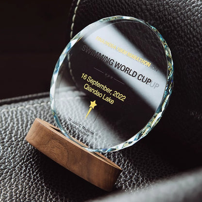 SP09 🏆 Personalized Crystal Trophy with Wooden Base – Custom Engraved Award