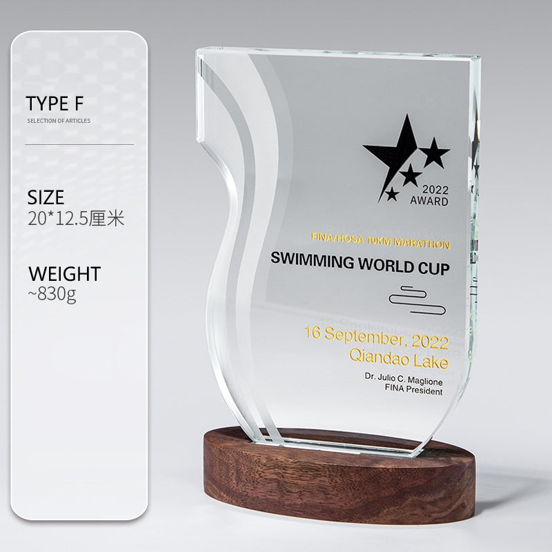 SP09 🏆 Personalized Crystal Trophy with Wooden Base – Custom Engraved Award