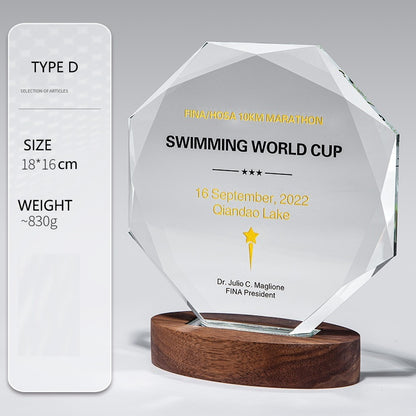 SP09 🏆 Personalized Crystal Trophy with Wooden Base – Custom Engraved Award