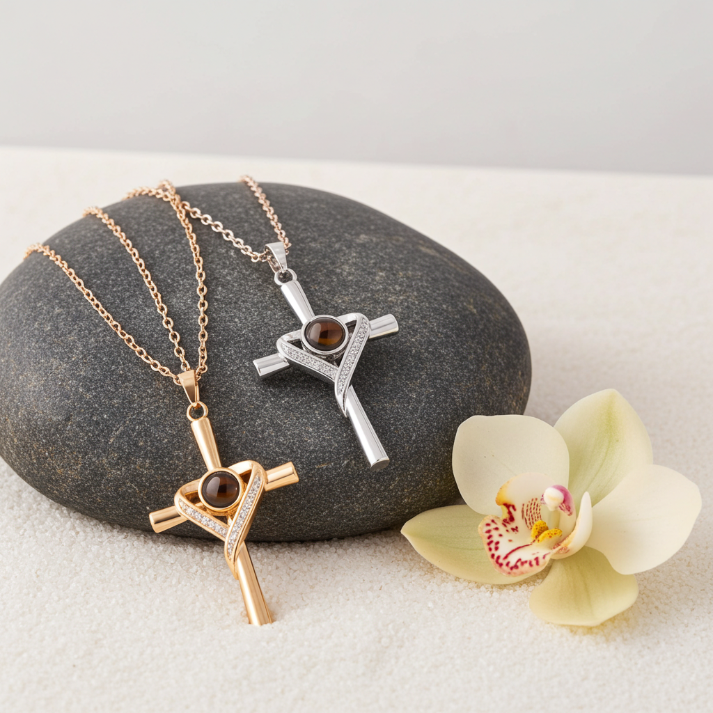 PX11 - Cross & Heart Projection Necklace – Hidden Photo Keepsake (Gold / Silver / Rose Gold)
