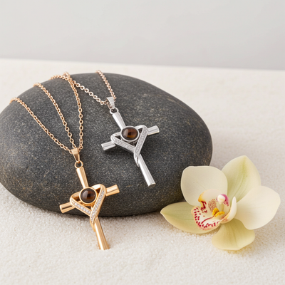 PX11 - Cross & Heart Projection Necklace – Hidden Photo Keepsake (Gold / Silver / Rose Gold)