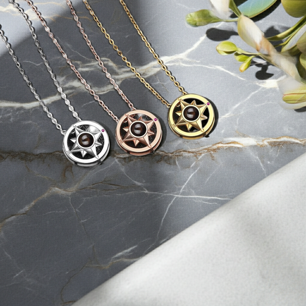 PX14 - Compass Projection Necklace - Silver, Rose Gold and Gold Color