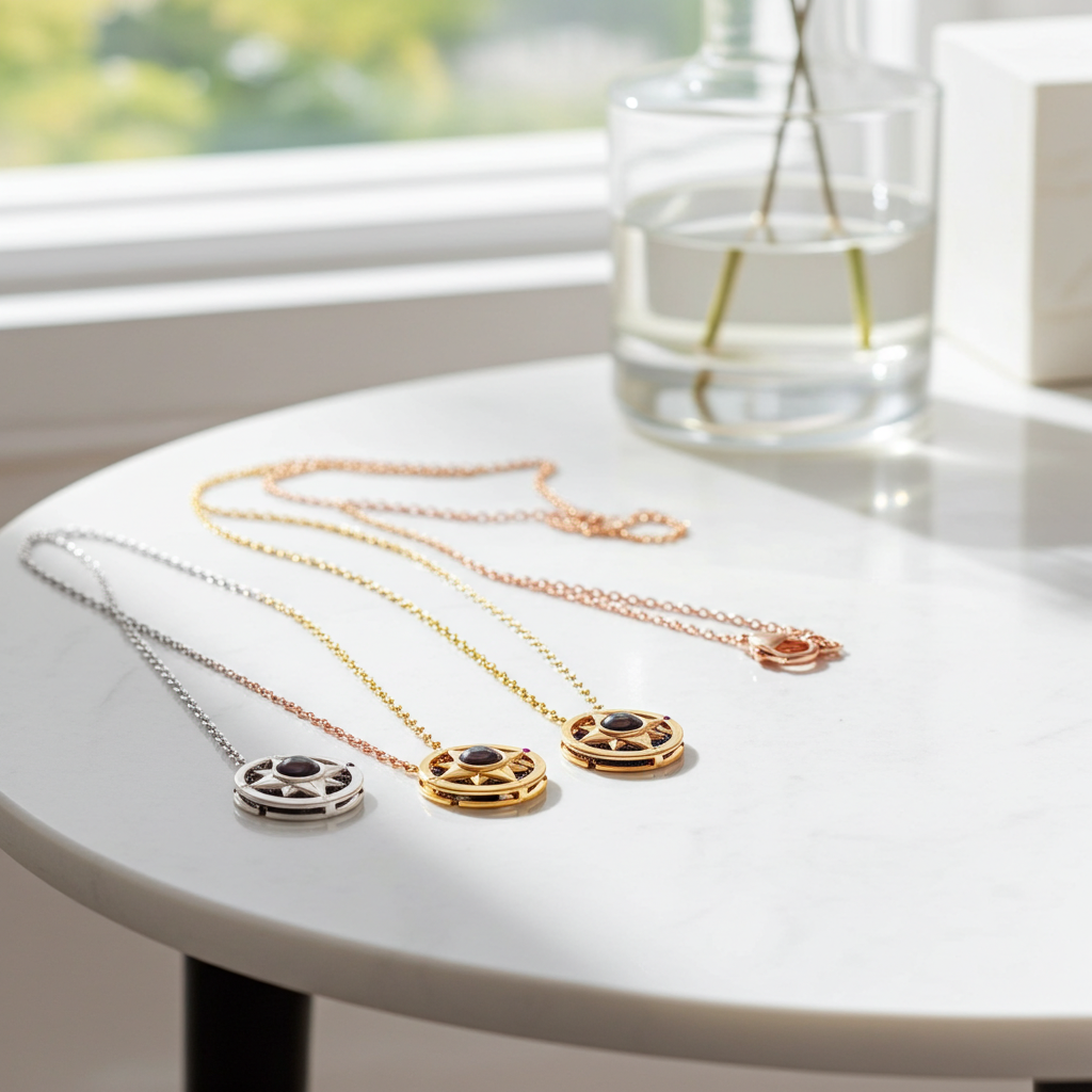 PX14 - Compass Projection Necklace - Silver, Rose Gold and Gold Color