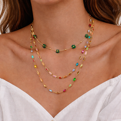 GP21 - Radiant Layered Gemstone Necklace – Triple Chain with Floral Accents
