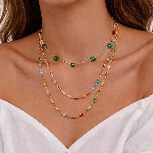 GP21 - Radiant Layered Gemstone Necklace – Triple Chain with Floral Accents
