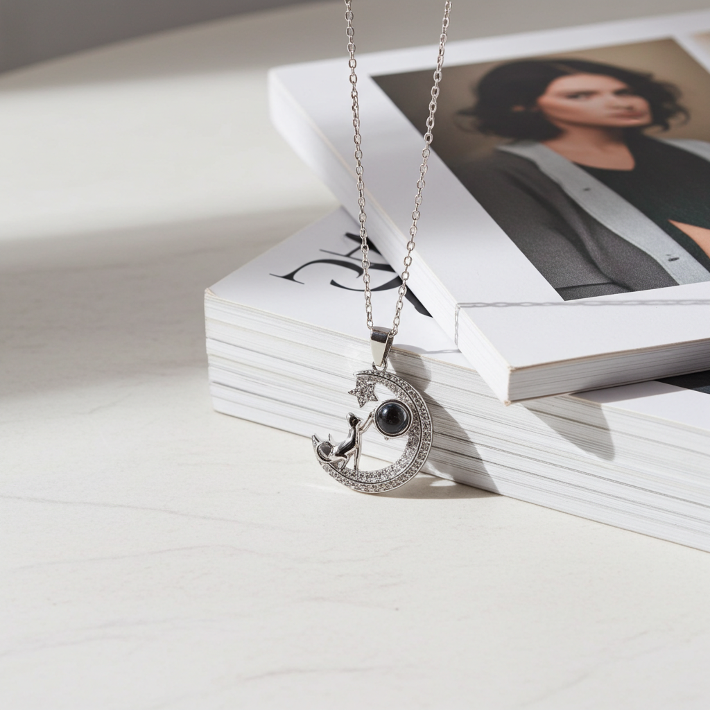 PXS104 - “Reach for the Stars” Moon & Dog Photo Projection Necklace