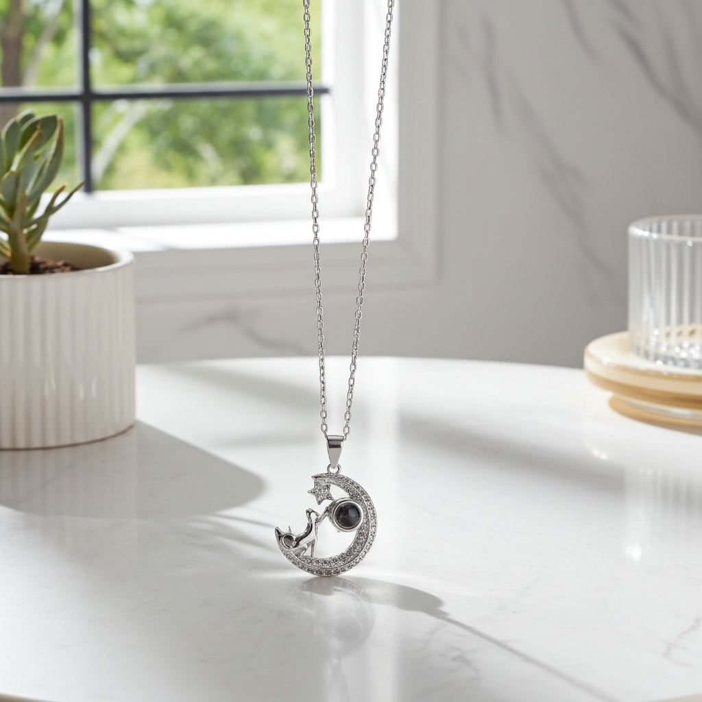 PXS104 - “Reach for the Stars” Moon & Dog Photo Projection Necklace