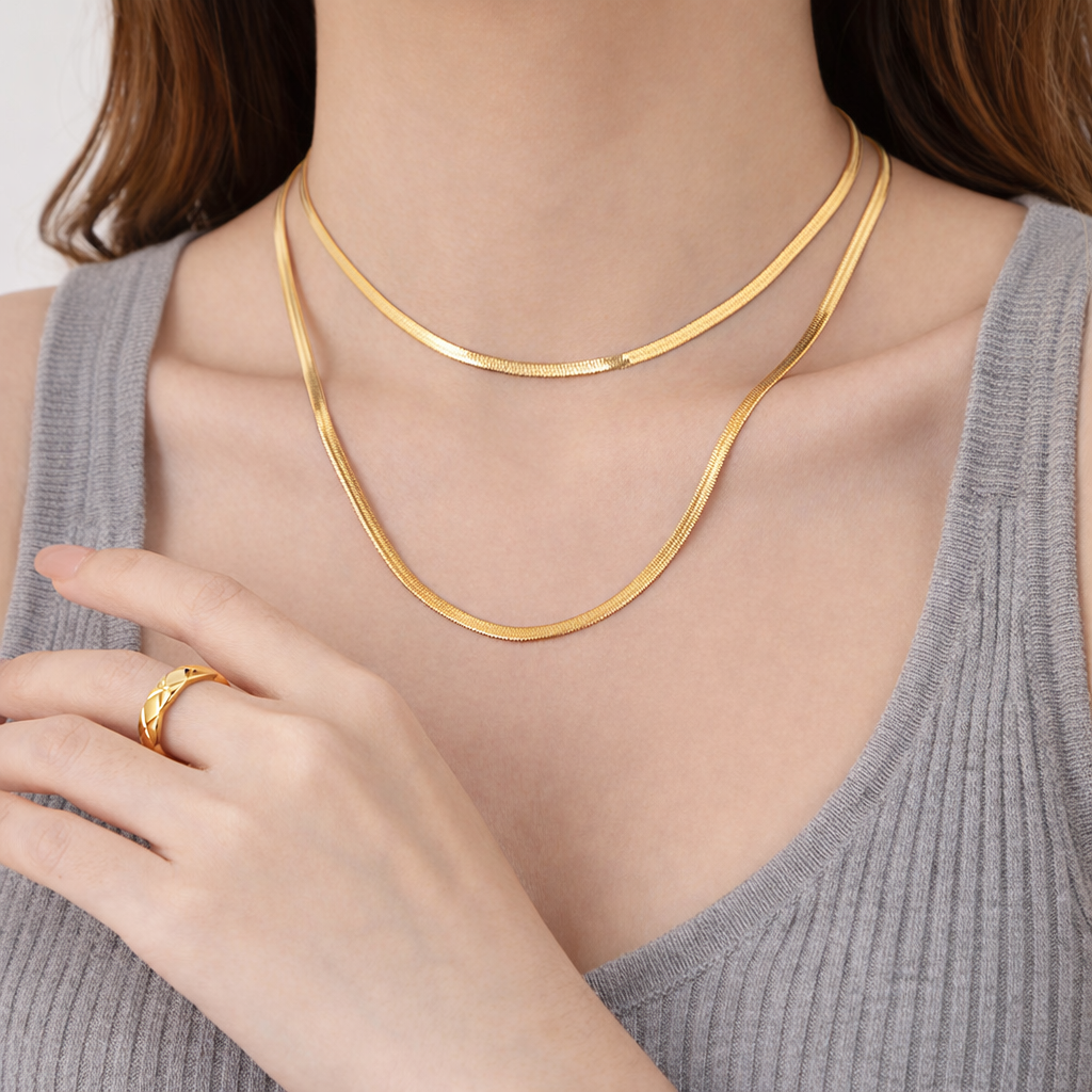 GP22 - Sleek Gold Flat Herringbone Chain Necklace