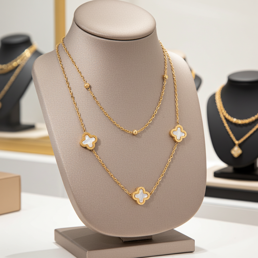 GP63 - Echoya White Heart & Clover Layered Necklace