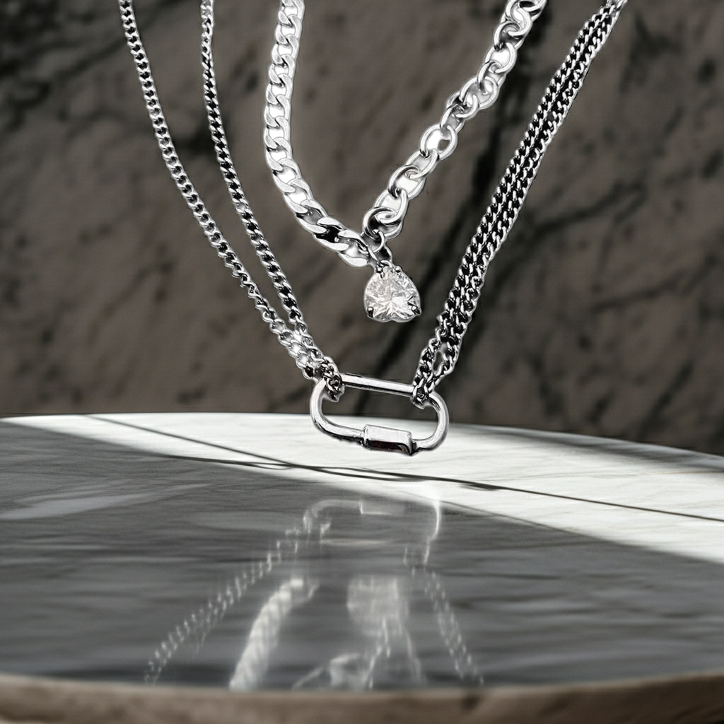 GP02 - Triple-Layer Heart Zircon Chain Necklace