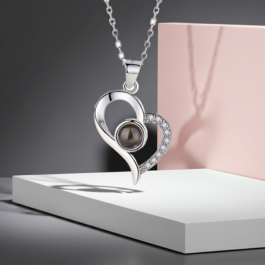 PX09 - Curved Heart Projection Necklace – Custom Hidden Photo Pendant (Silver & Rose Gold)