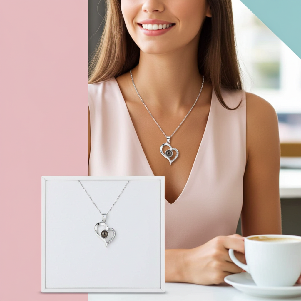 PX09 - Curved Heart Projection Necklace – Custom Hidden Photo Pendant (Silver & Rose Gold)
