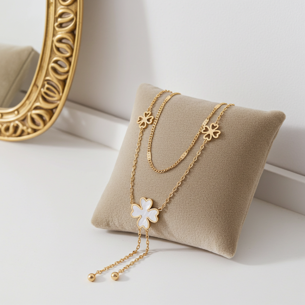 GP63 - Echoya White Heart & Clover Layered Necklace