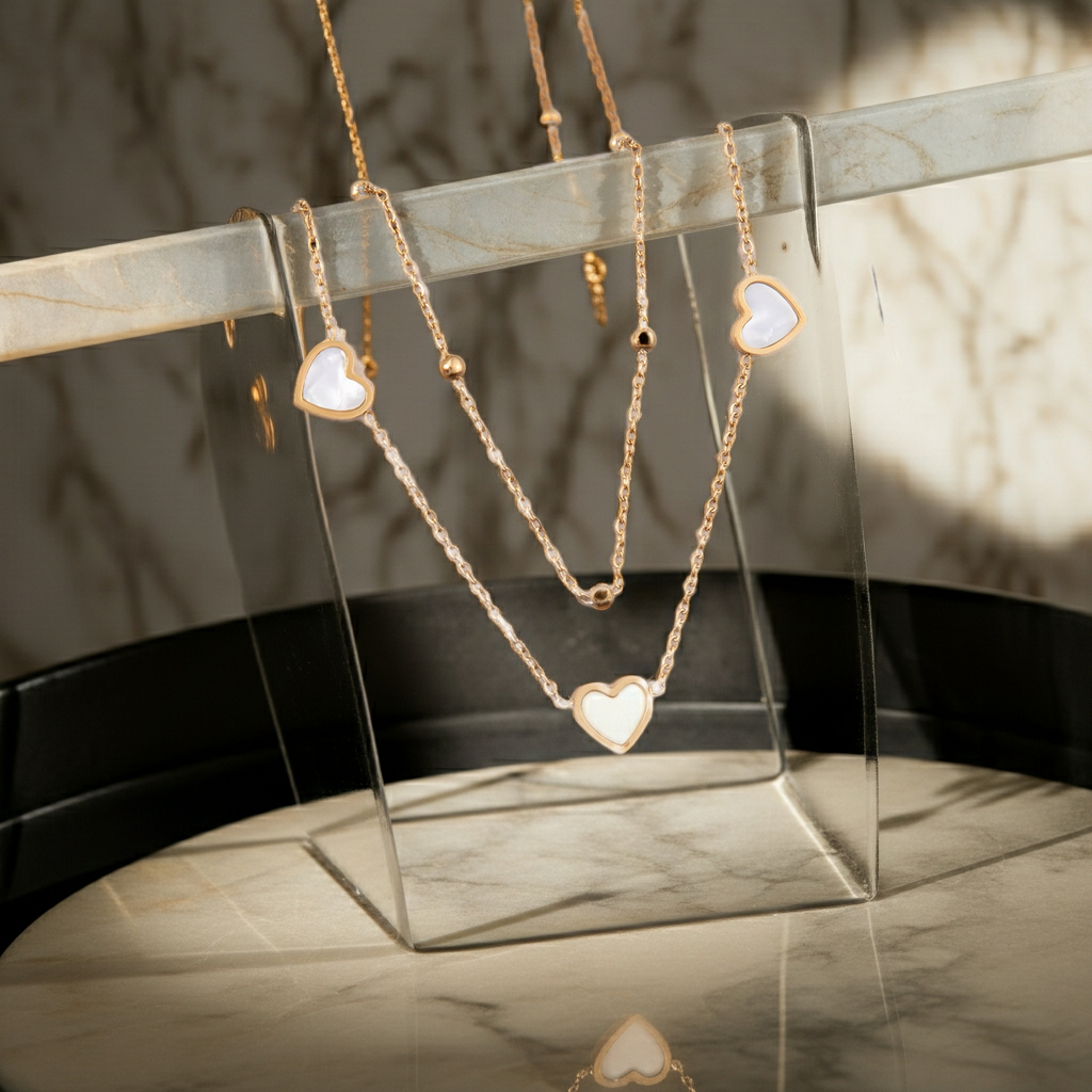 GP63 - Echoya White Heart & Clover Layered Necklace