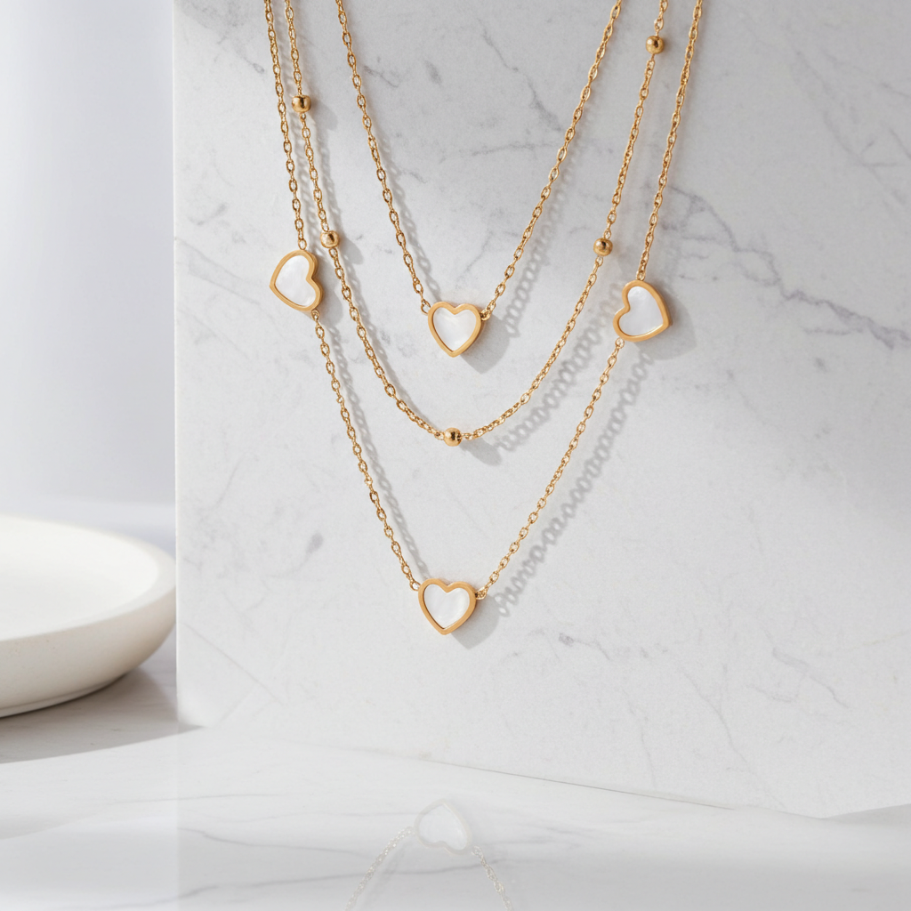 GP63 - Echoya White Heart & Clover Layered Necklace