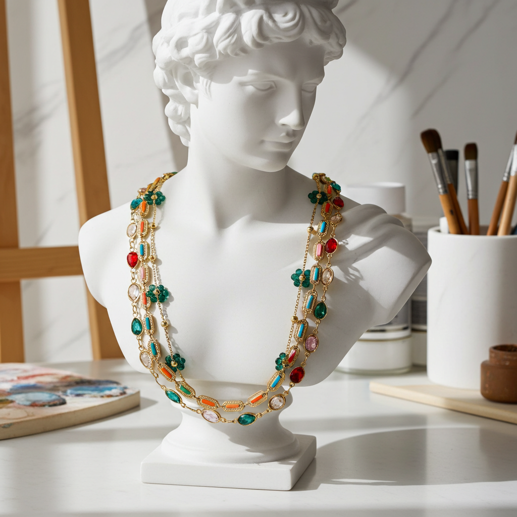 GP21 - Radiant Layered Gemstone Necklace – Triple Chain with Floral Accents