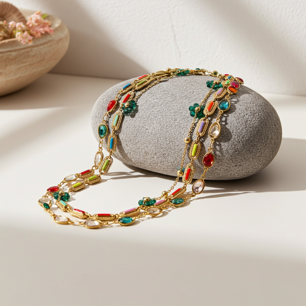 GP21 - Radiant Layered Gemstone Necklace – Triple Chain with Floral Accents