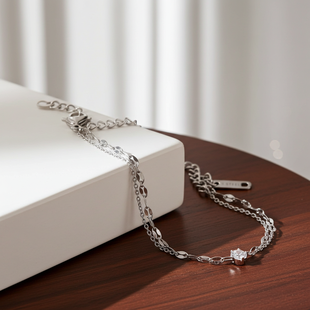 GP16 - Delicate Dual Chain Bracelet with Solitaire Zirconia