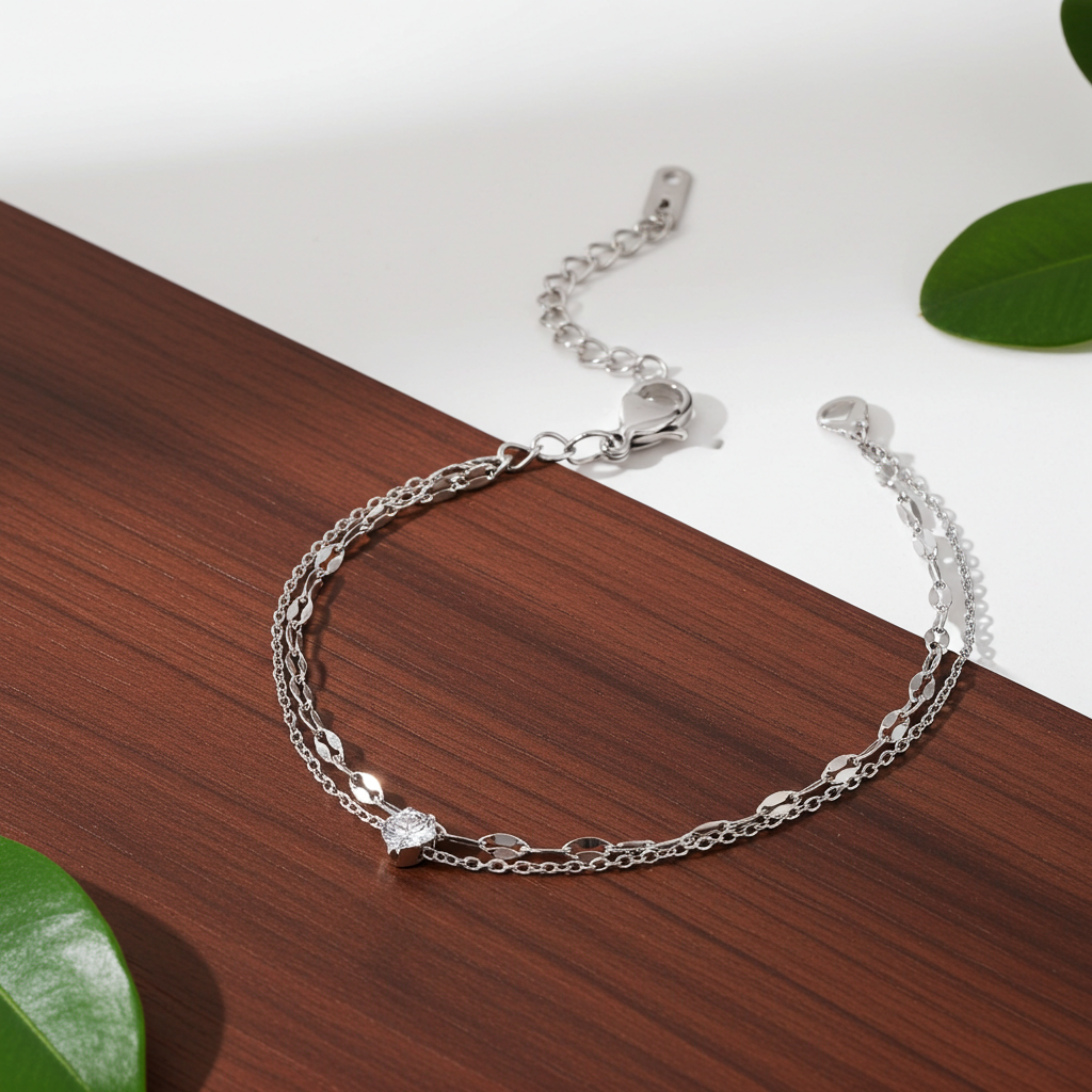 GP16 - Delicate Dual Chain Bracelet with Solitaire Zirconia