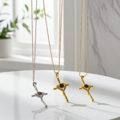 PX11 - Cross & Heart Projection Necklace – Hidden Photo Keepsake (Gold / Silver / Rose Gold)